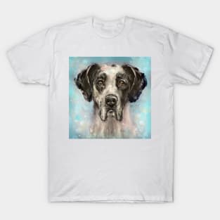 Chaotic Painting of a Black and White Great Dane on a Light Blue Background T-Shirt